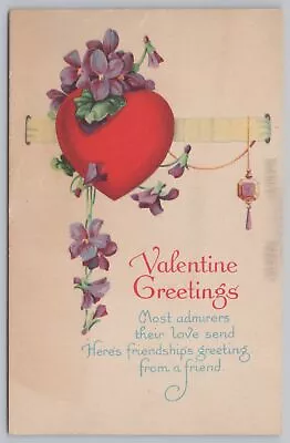 Valentine~Heart & Lavender Locket On Ribbon~Violets~Stecher 1504B~Vintage PC • $2.70