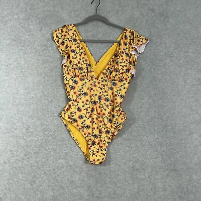 Modcloth Womens Deep V Ruffle One Piece Swim Suit Size L Yellow Floral Padded • $14