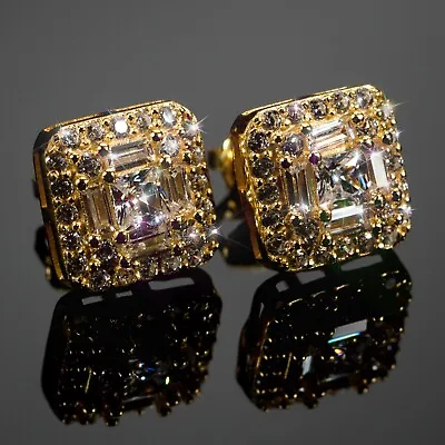 Hip Hop Mens Gold Plated 925 Sterling Silver Square Iced Baguette Earrings • $19.99