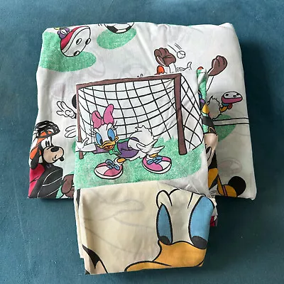 Vintage Disney Mickey Mouse Sports Twin Sheet Set 3 Pc Flat Fiited & Pillowcase • $15.99