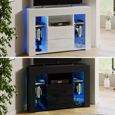 £87.99 • Buy Modern Corner TV Stand White High Gloss Door & Matt Body Unit Cabinet LED Light