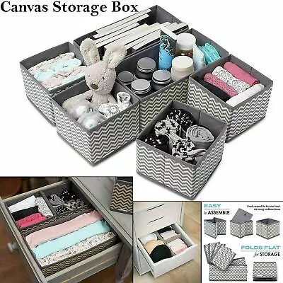 6 Set Canvas Wardrobe Foldable Drawer Organiser Storage Box Divider Tidy Clothes • £8.99