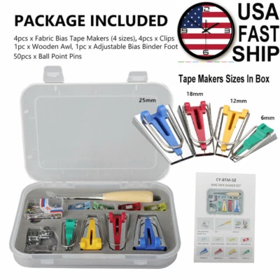 $15.99 • Buy 60PCS Bias Tape Maker Kit Set For Sewing Quilting Awl & Binder Foot Case Tool US