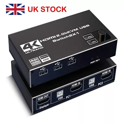 KVM Switch HDMI 2 Port BoxUSB Switch Selector With 3 USB 2.0 Hub Share 2 PC • £16.75