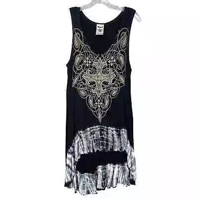 Vocal Women's Black Tie Dye Rhinestone Embellished Rocker Hi Lo Tunic Tank XL • $22.97