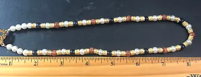 Necklace Misaki - Gold Tone Faux Pearls Multicolor Goldstone - 17 Inch • $29.88