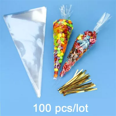 100/400Pcs Clear Cellophane Cone Bags Twist Ties Large Party Sweet Cello Candy • £3.92