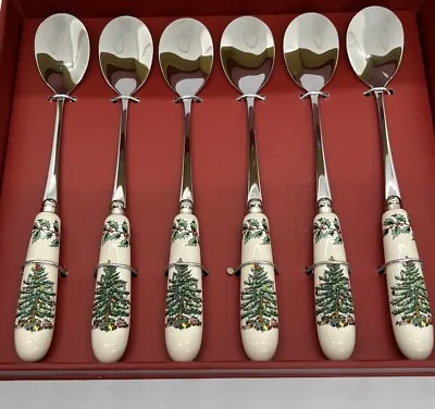 Set Of 6 Spode Christmas Tree Porcelain & Stainless Steel 6 Inch Tea Spoons New • $22.99