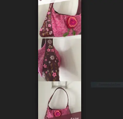 Oilily Pink Wool Tweed Burgundy Leather Floral Embroidered Hobo Handbag Rare! • £32.29