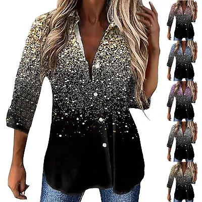 Womens Sequin Print Tops V Neck Sparkly Glitter Loose Long Sleeve Blouses Shirt • $16.93