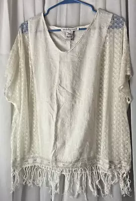 American Rag Cie Womens 1X Ivory Sheer Boho Top With Fringe Festival Bat Sleeve • £17.36