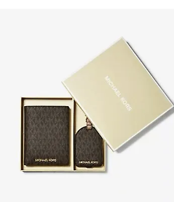 MICHAEL KORS 2pc Travel BOX SET MK Brown Logo Saffiano Passport Case Luggage Tag • $109