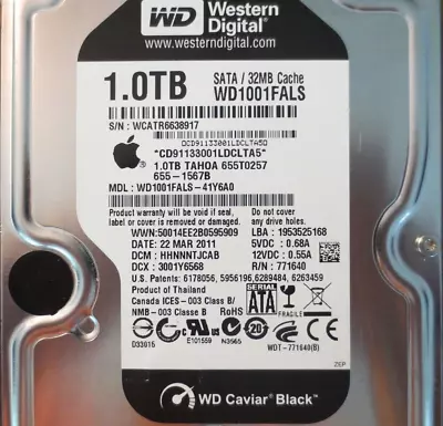 For Parts Only WD WD1001FALS-41Y6A0 DCM:HHNNNTJCAB Apple 655-1567B 1.0TB Sata • $45.51