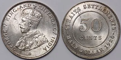 Straits Settlements 1920 50 Cents Cross Below Bust George V KM# 35.1 Silver Coin • $44.95