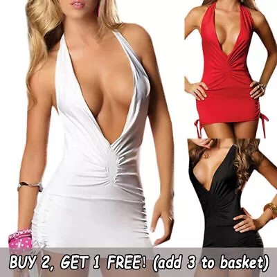 Womans Sexy Plunge Halter Bodycon Mini Dress Lingerie Sleepwear Party Nightwear • $12.49