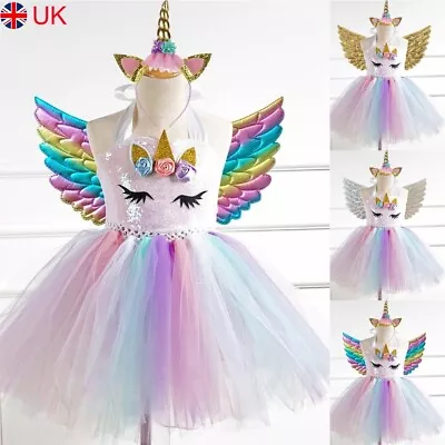 UK Kids Unicorn Fancy Dress Up Girls Party Tutu Sequins Costume Headband+ Wings • £15.37