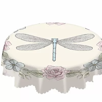 Rose Flower Round Tablecloth 60 Inch Dragonfly Romantic Wreath Vintage Table ... • $26.74