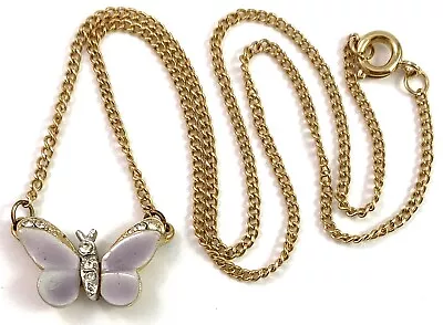 Vintage Butterfly Necklace Gold Tone Metal Chain Rhinestone Purple Enamel Dainty • $17.99