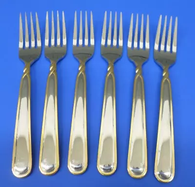 6 Mikasa PIROUETTE Gold Accent Glossy 18/8 Stainless Japan Flatware DINNER FORKS • $42.95