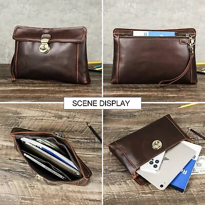 Men Oil Bead Leather Clutch Bag Wallet + Lock For Cellphone Cards 8.3  IPad Mini • $43.99