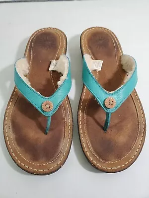 UGG Hamoa 1791 Women's Teal Blue Shearling Button Flip Flops Slip On Sandal Sz 9 • $29.98