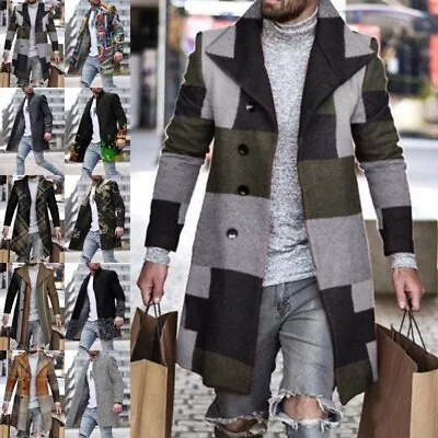 Mens Jacket Plaid Outwear Slim Fit Long Sleeve Men Trench Coat Holiday Casual • $32.25