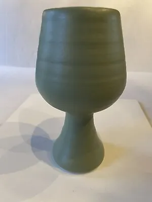 Vintage USA Mid-Century Modern Pottery Green Goblet Vase 7 1/2  Tall MCM • $14.95