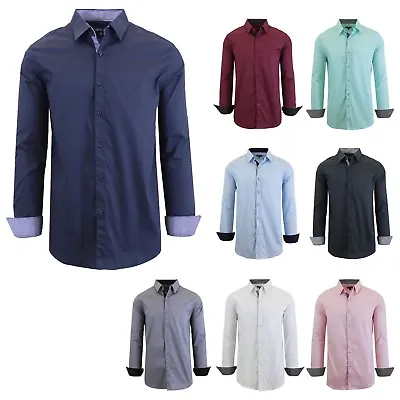 Men's Solid Slim-Fit Cotton Long Sleeve Dress Shirts ( S-2XL ) NWT Free Shipping • $14.92