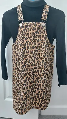 Girls Leopard Print Dungaree Dress With Matching Black Top Size 9 Years • £6.99