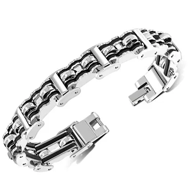 Stainless Steel Silver-Tone Black Link Men's Bracelet • $19.99