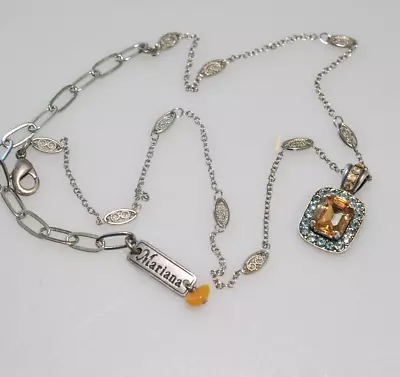 Signed MARIANA Chain Necklace Charm Pendent Silver Tone Orange Blue Crystal XJ26 • $42