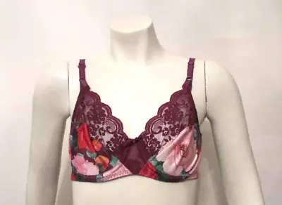 Maidenform Chantilly 7329 Floral Print Silky Satin Purple Lace Underwire Bra 36B • $49