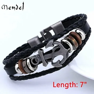 MENDEL Mens Sailor Beach Nautical Anchor Bracelet Leather Wristband Men Black • $9.99
