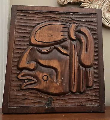 Vintage Hand Carved Solid Wood Mayan Man Plaque Picture Folk Art 13 X12  • $40