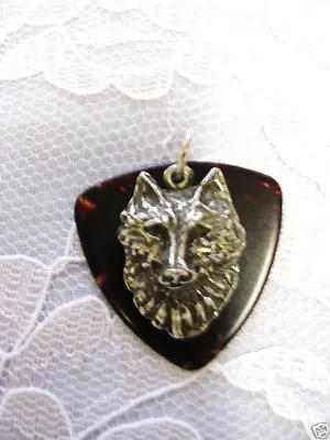 Tortoise Shell Brown Fender Bass Guitar Pick & Wolf Head Pewter Pendant Necklace • $11.99