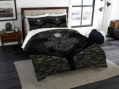 Harley-Davidson With Skull And Motorcycles Logo On Camo Duvet Cover Set (4pcs) • $69.99