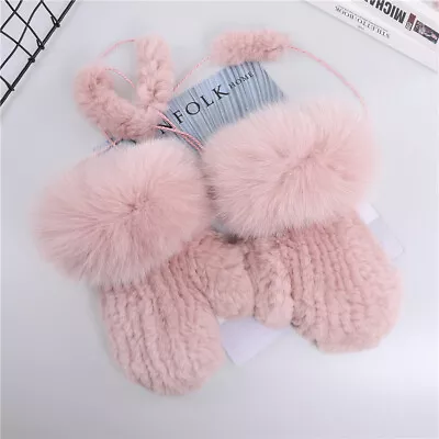 Women's Winter Rex Rabbit Fur Knitted Gloves Fox Fur Trimming Cuffs Mittens • $42.80