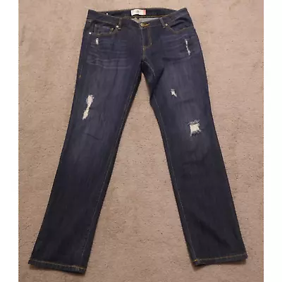 CAbi Women 12 Jeans Slim Boyfriend Distressed Stretch Whiskering Dark Wash Blue • $24.99