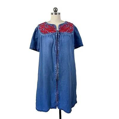 Go Softly Patio Y2K Moo Moo  Dress Housecoat Womens Medium Blue Chambray Floral • $19.97