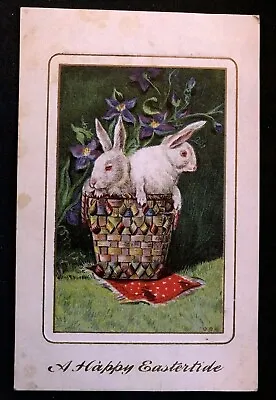 Cute  Bunny Rabbits In Basket With Flowers~Antique Embossed Easter Postcard~g615 • $7.99