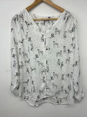 TU Ladies Blouse White Black Dog Dalmatian Print Button Chiffon 3/4 Sleeve UK 14 • £4.99