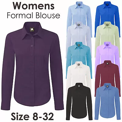 £9.99 • Buy Ladies Womens Plain Long Sleeved Blouse Shirt Work Formal Office Tailored Fit UK