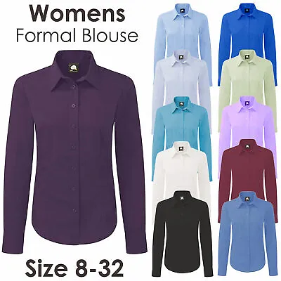 Ladies Womens Plain Long Sleeved Blouse Shirt Work Formal Office Tailored Fit UK • £5.99