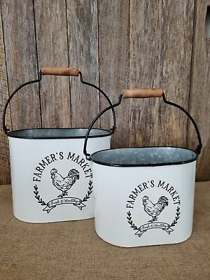 Set Of 2 White Metal Country Farmers Market Oval Planter Pot Tub Bucket • $52.95