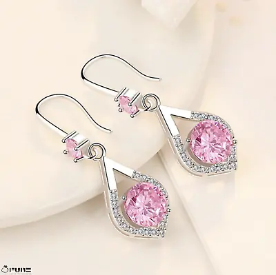 £4.99 • Buy 925 Sterling Silver Pink Dress Diamond Cut Dangle Teardrop Stud Drop Earrings