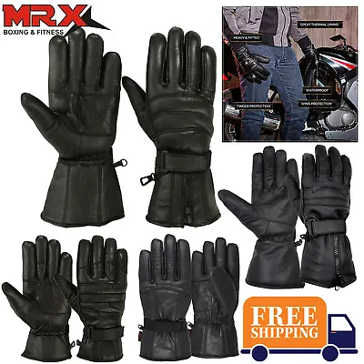 Mens Leather Motorcycle Gloves Gauntlet Driving Motorbike Riding Thermal Lining  • $16.99