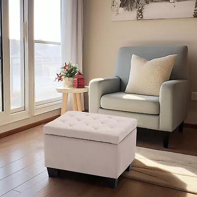 Modern Tufted Storage Ottoman Lift Top Rectangle Footstool Linen Nature • $129.95