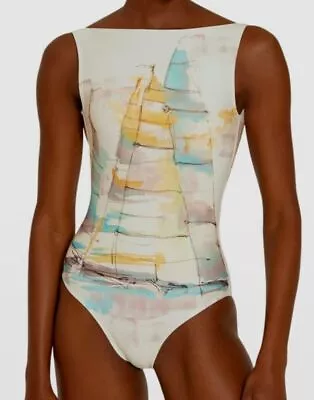 $168 Lenny Niemeyer Women's Yellow Athletic Bateau One-Piece Swimsuit Size L • $53.98