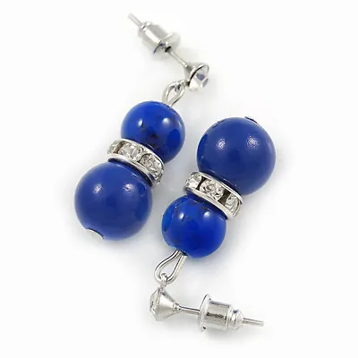 Blue Ceramic Double Bead/Crystal Ring Drop Earrings In Silver Tone/30mm L/9mm D • £5.99