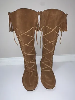 MINNETONKA  Brown Suede Moccasin Fringed Knee High Lace Up Boots 1922- Size 11 • $75